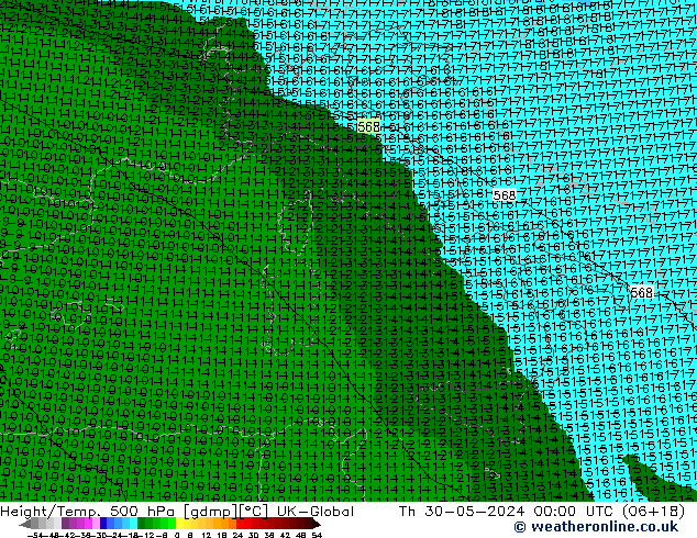 Height/Temp. 500 hPa UK-Global gio 30.05.2024 00 UTC