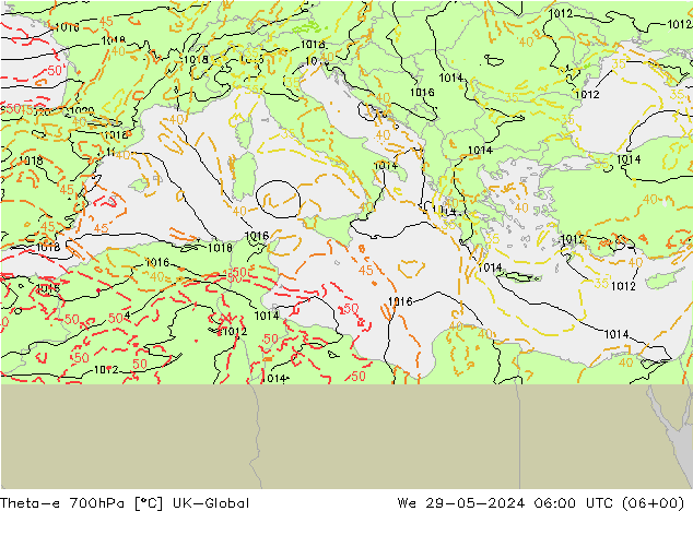 Theta-e 700hPa UK-Global We 29.05.2024 06 UTC