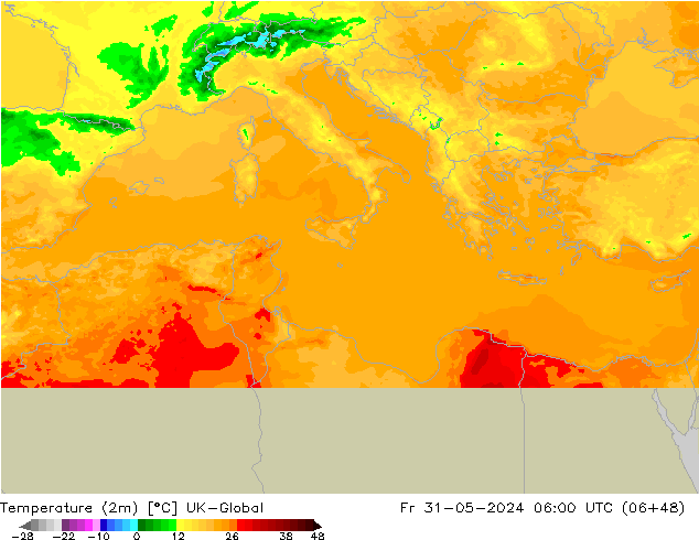 Temperature (2m) UK-Global Fr 31.05.2024 06 UTC