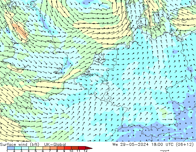 Surface wind (bft) UK-Global We 29.05.2024 18 UTC