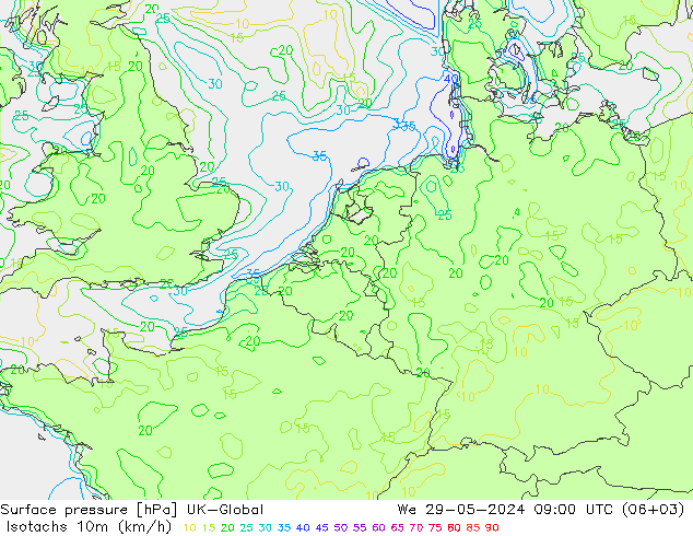 Isotaca (kph) UK-Global mié 29.05.2024 09 UTC