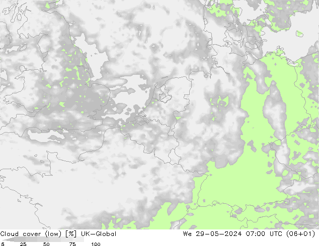 Cloud cover (low) UK-Global We 29.05.2024 07 UTC