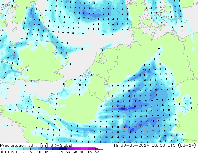 Precipitation (6h) UK-Global Th 30.05.2024 06 UTC