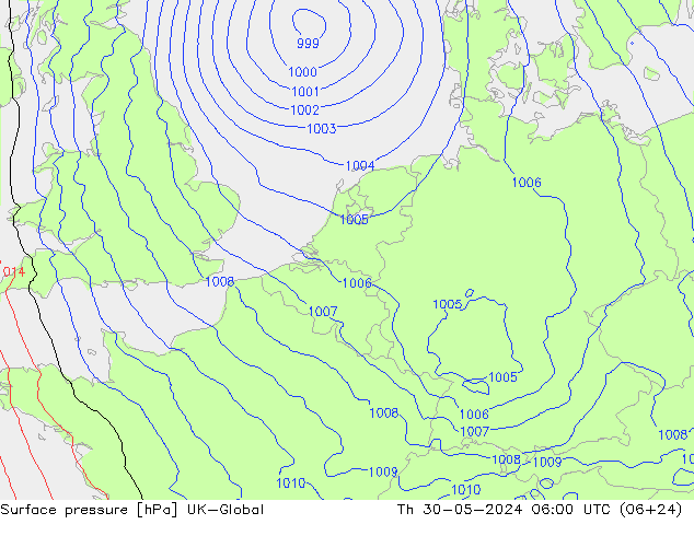 Surface pressure UK-Global Th 30.05.2024 06 UTC