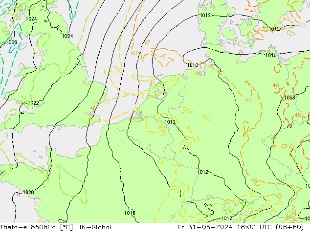 Theta-e 850hPa UK-Global Fr 31.05.2024 18 UTC