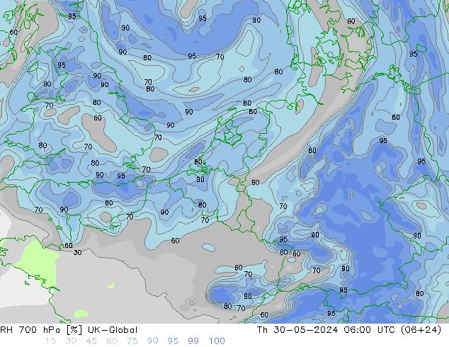 RH 700 hPa UK-Global Th 30.05.2024 06 UTC