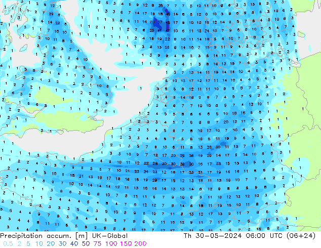 Precipitation accum. UK-Global Th 30.05.2024 06 UTC