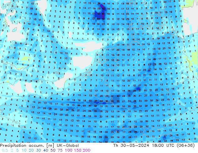 Precipitation accum. UK-Global Th 30.05.2024 18 UTC