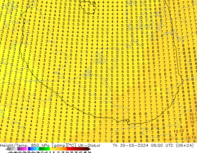 Height/Temp. 850 hPa UK-Global Th 30.05.2024 06 UTC