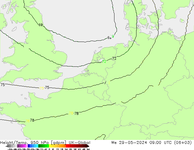 Height/Temp. 950 hPa UK-Global 星期三 29.05.2024 09 UTC