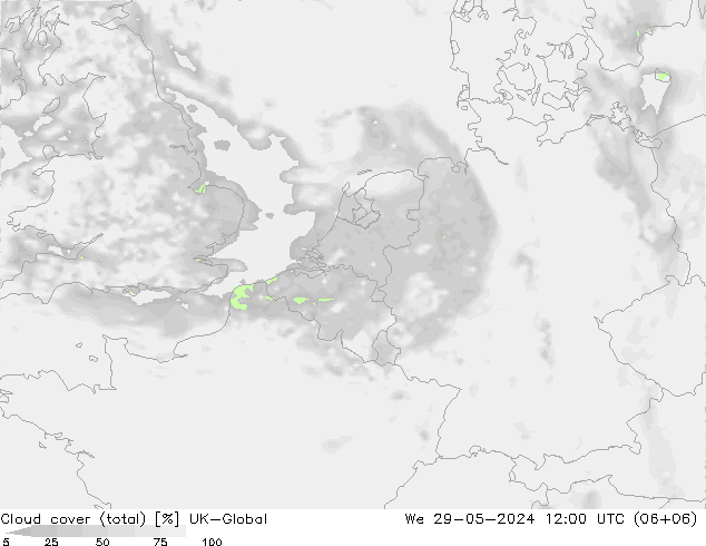 Cloud cover (total) UK-Global We 29.05.2024 12 UTC