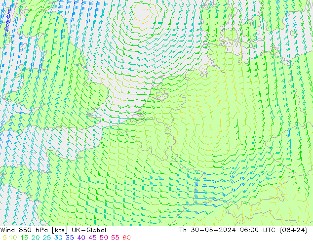 Wind 850 hPa UK-Global Th 30.05.2024 06 UTC