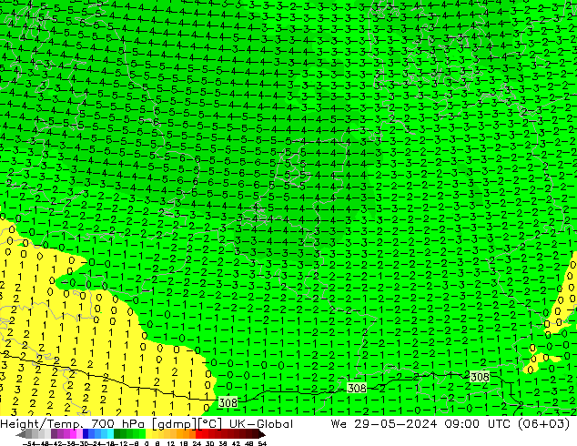 Height/Temp. 700 hPa UK-Global We 29.05.2024 09 UTC