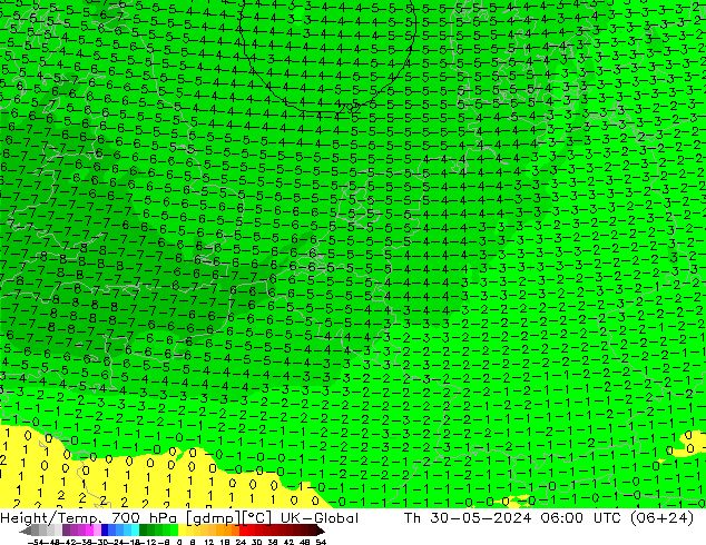 Height/Temp. 700 hPa UK-Global gio 30.05.2024 06 UTC