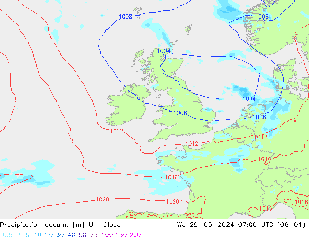 Precipitation accum. UK-Global  29.05.2024 07 UTC