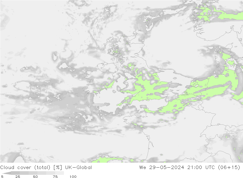 Bewolking (Totaal) UK-Global wo 29.05.2024 21 UTC