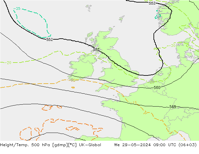 Géop./Temp. 500 hPa UK-Global mer 29.05.2024 09 UTC