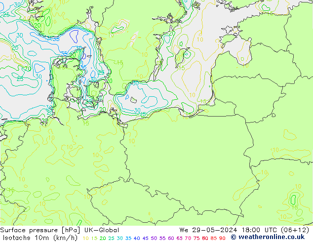 Isotachs (kph) UK-Global We 29.05.2024 18 UTC