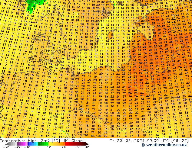 Temperature High (2m) UK-Global Th 30.05.2024 09 UTC