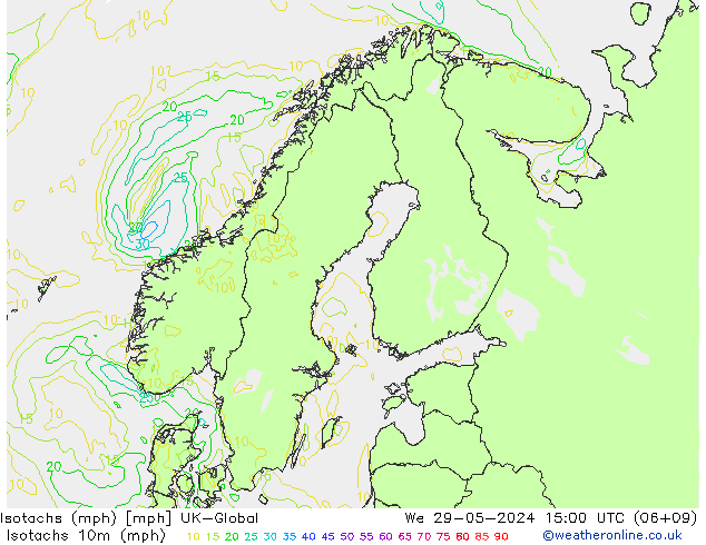 Izotacha (mph) UK-Global śro. 29.05.2024 15 UTC