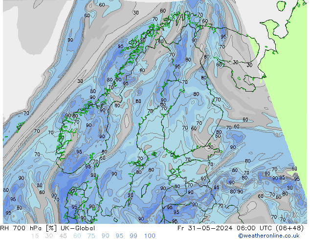 Humedad rel. 700hPa UK-Global vie 31.05.2024 06 UTC