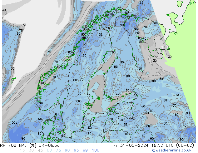 RH 700 hPa UK-Global ven 31.05.2024 18 UTC