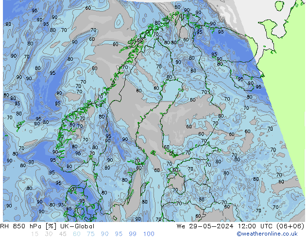 RH 850 hPa UK-Global St 29.05.2024 12 UTC