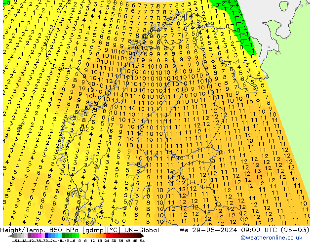 Height/Temp. 850 hPa UK-Global Mi 29.05.2024 09 UTC