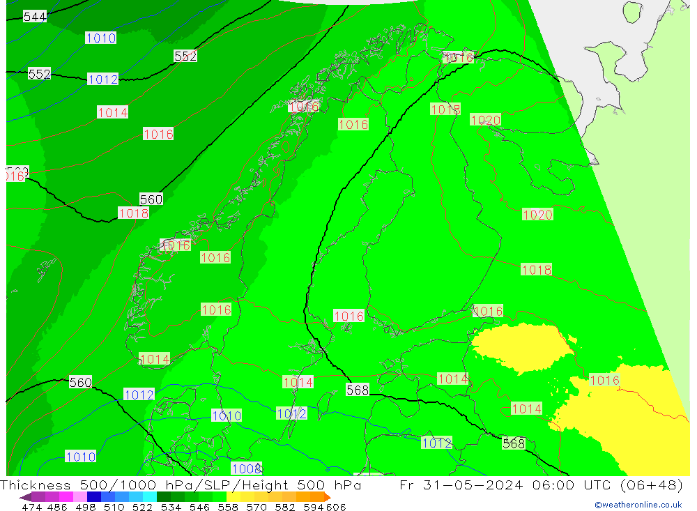 Espesor 500-1000 hPa UK-Global vie 31.05.2024 06 UTC