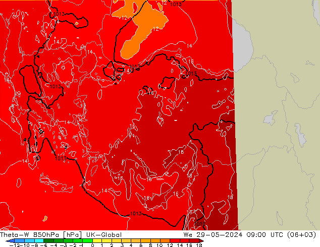 Theta-W 850hPa UK-Global Mi 29.05.2024 09 UTC