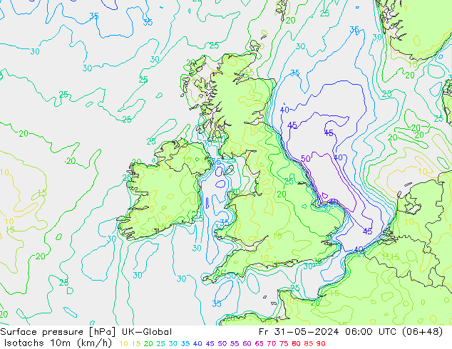 Isotachs (kph) UK-Global Pá 31.05.2024 06 UTC