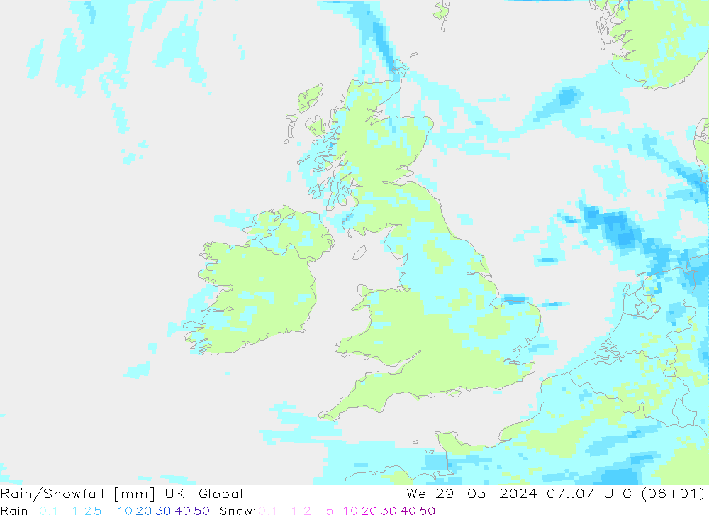 Rain/Snowfall UK-Global We 29.05.2024 07 UTC