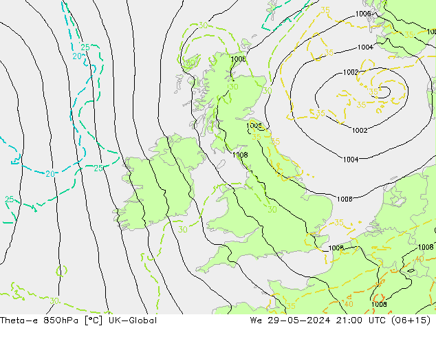 Theta-e 850hPa UK-Global We 29.05.2024 21 UTC