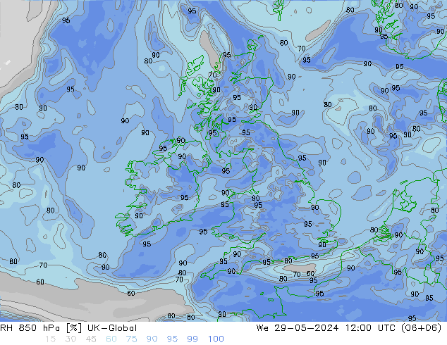 RH 850 hPa UK-Global We 29.05.2024 12 UTC