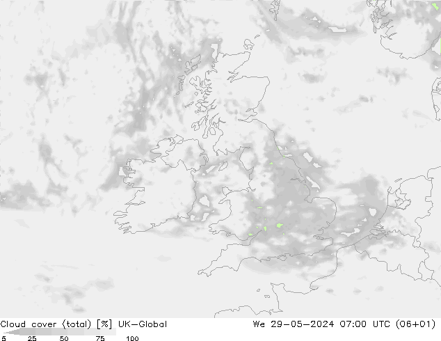 Bewolking (Totaal) UK-Global wo 29.05.2024 07 UTC