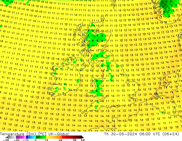 Temperatura (2m) UK-Global jue 30.05.2024 06 UTC