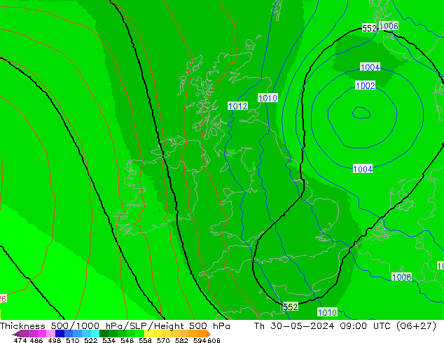 Thck 500-1000hPa UK-Global Qui 30.05.2024 09 UTC