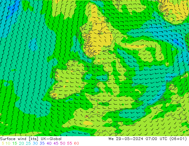 Rüzgar 10 m UK-Global Çar 29.05.2024 07 UTC