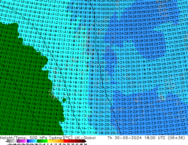 Height/Temp. 500 hPa UK-Global Th 30.05.2024 18 UTC