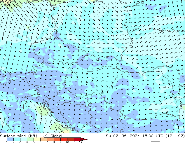 Vento 10 m (bft) UK-Global dom 02.06.2024 18 UTC