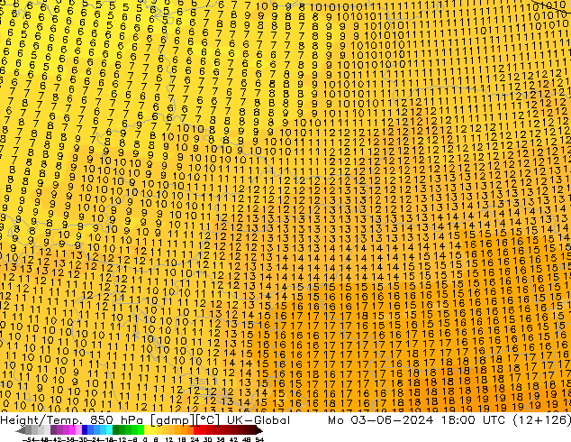 Height/Temp. 850 hPa UK-Global Mo 03.06.2024 18 UTC