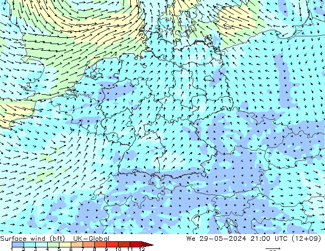 Surface wind (bft) UK-Global We 29.05.2024 21 UTC