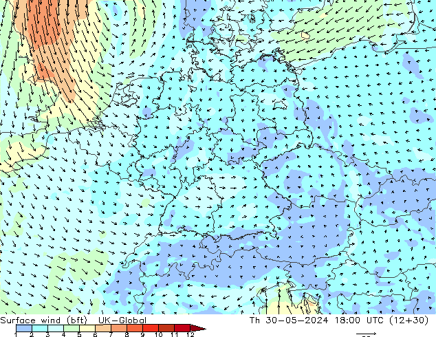 Wind 10 m (bft) UK-Global do 30.05.2024 18 UTC