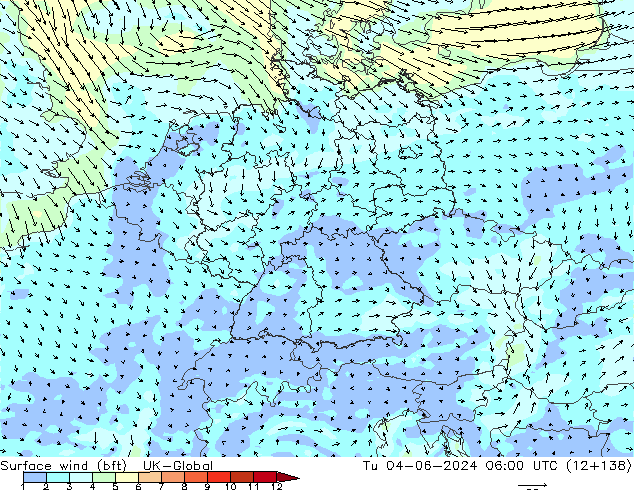 Vent 10 m (bft) UK-Global mar 04.06.2024 06 UTC