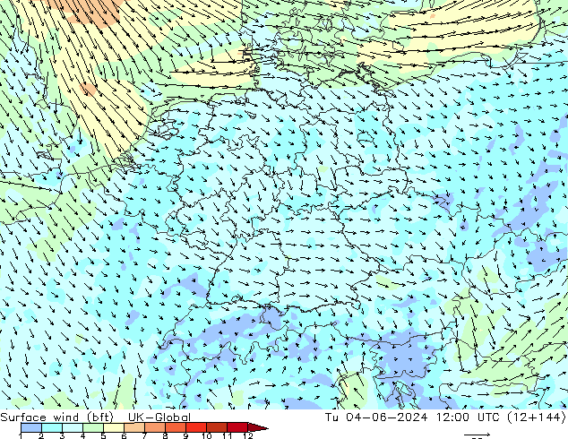 Surface wind (bft) UK-Global Út 04.06.2024 12 UTC