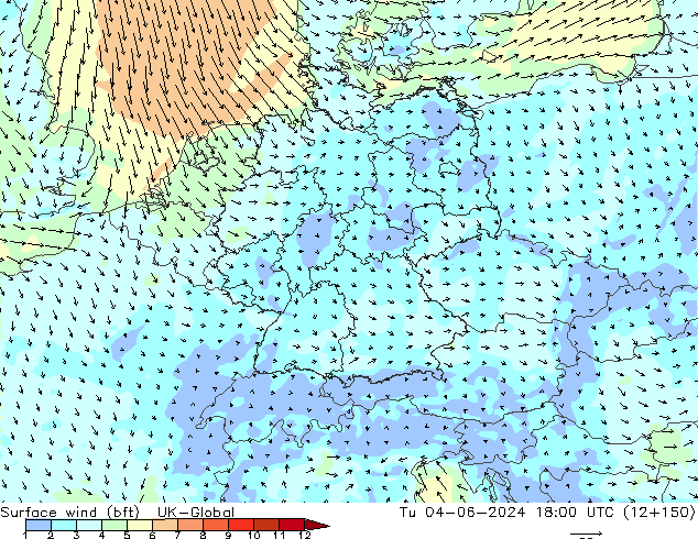 Surface wind (bft) UK-Global Út 04.06.2024 18 UTC