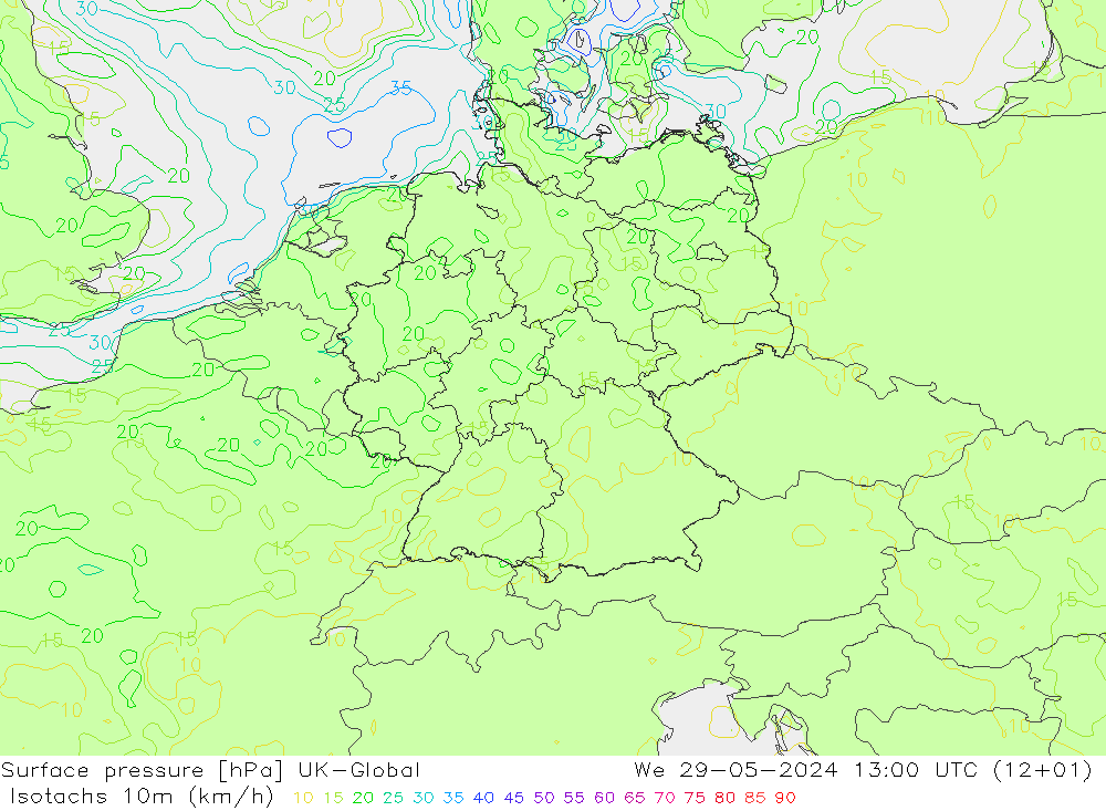 10米等风速线 (kph) UK-Global 星期三 29.05.2024 13 UTC