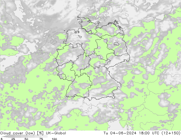 Cloud cover (low) UK-Global Tu 04.06.2024 18 UTC