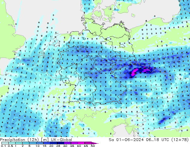 Precipitación (12h) UK-Global sáb 01.06.2024 18 UTC