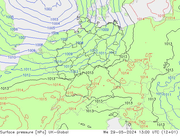 Surface pressure UK-Global We 29.05.2024 13 UTC